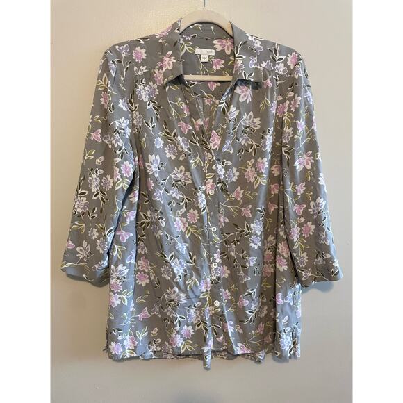 J Jill Size M Gray Pink Floral Button Up Top 3/4 Sleeves Excellent Condition - Picture 1 of 6